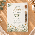 Gastgeschenk zur Hochzeit mit Blumensamen: Karte Lasst Liebe wachsen mit Eukalyptus