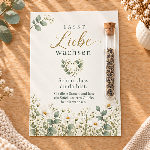 Gastgeschenk zur Hochzeit mit Blumensamen: Karte Lasst Liebe wachsen mit Eukalyptus
