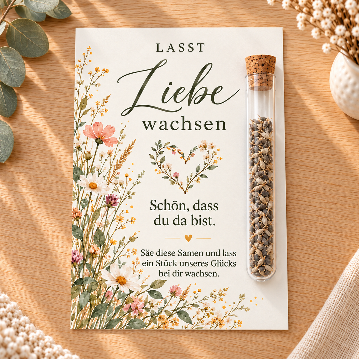 Motiv Wildblumen: Gastgeschenk zur Hochzeit mit Blumensamen und Glasröhrchen