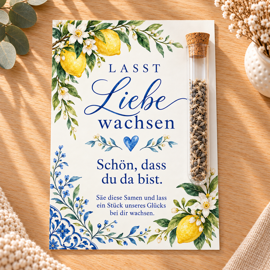 Gastgeschenk zur Hochzeit mit Blumensamen: Karte Lasst Liebe wachsen mit Zitronen