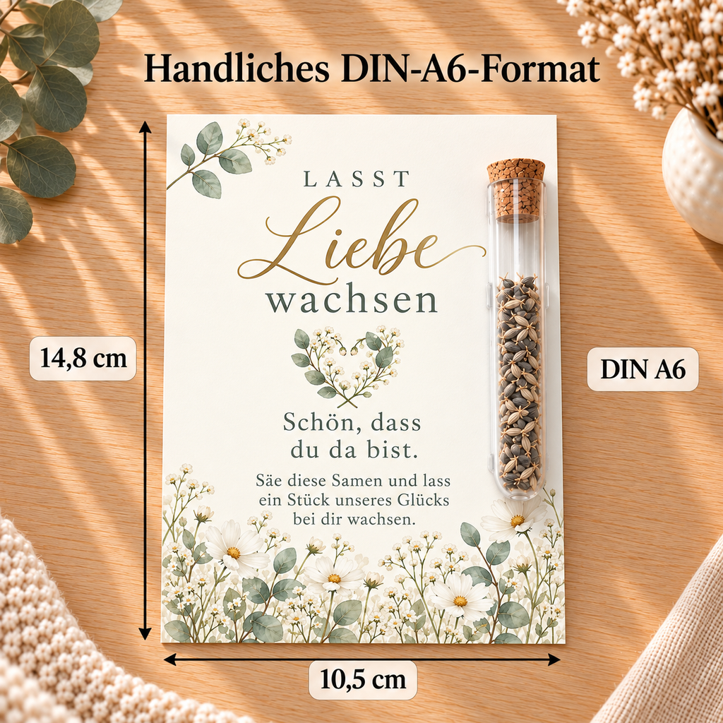 Gastgeschenk Hochzeit im DIN-A6-Format, 10,5 × 14,8 cm, Motiv Eukalyptus