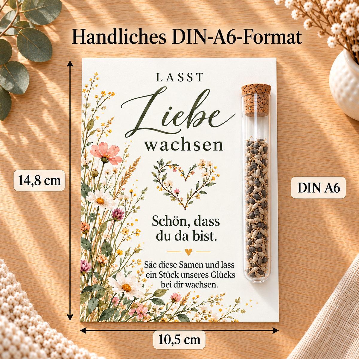 Gastgeschenk Hochzeit im DIN-A6-Format, 10,5 × 14,8 cm, Motiv Wildblumen