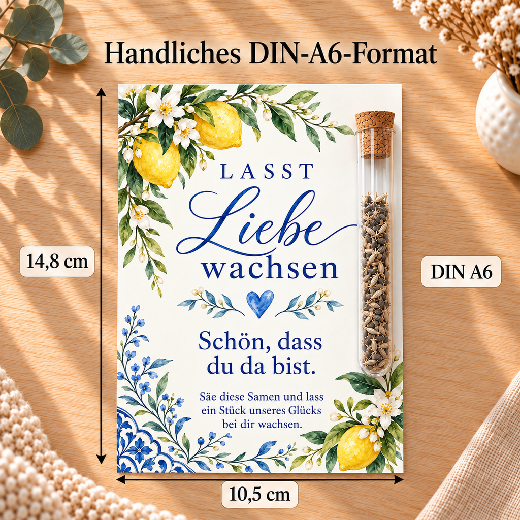 Gastgeschenk Hochzeit im DIN-A6-Format, 10,5 × 14,8 cm, Motiv Zitronen