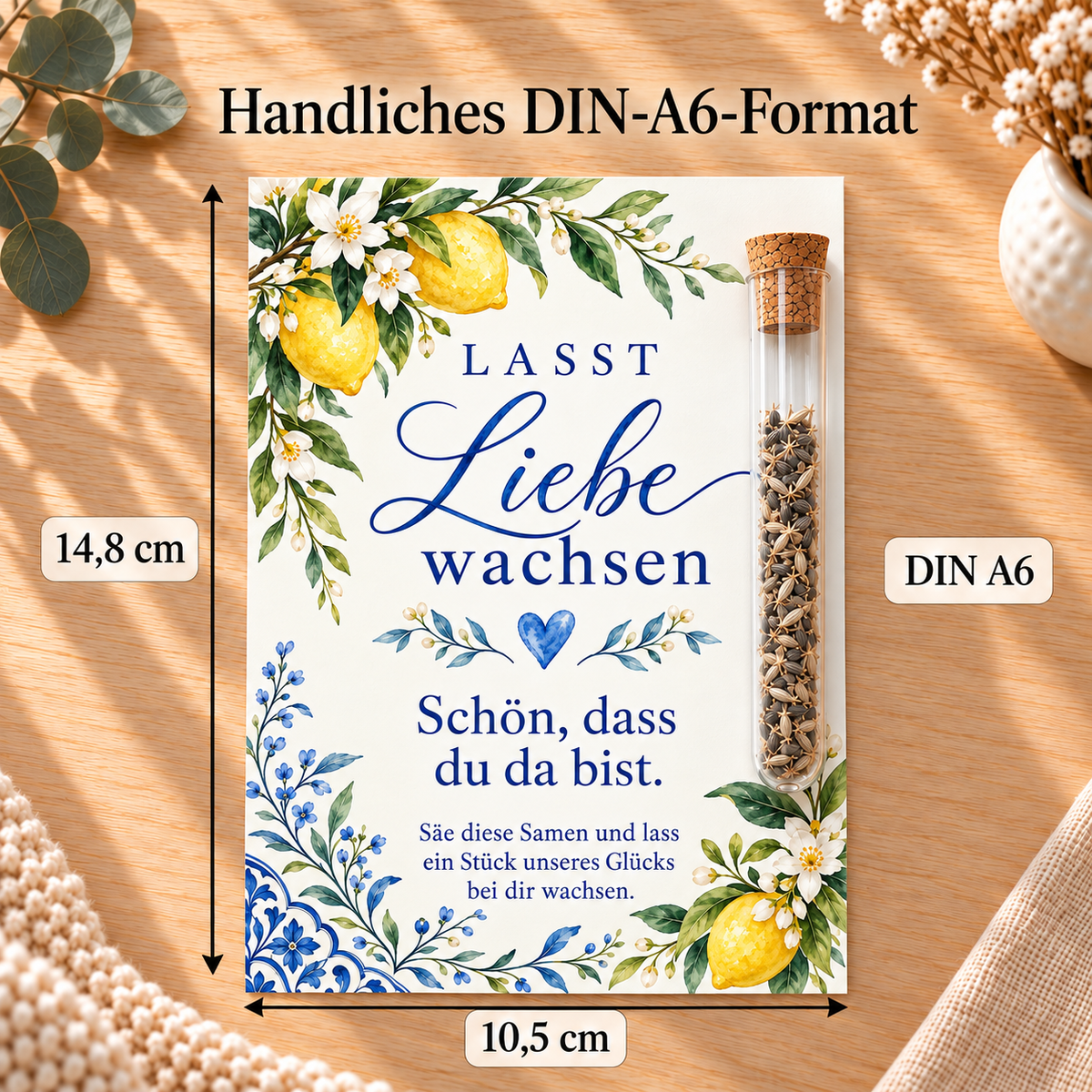 Gastgeschenk Hochzeit im DIN-A6-Format, 10,5 × 14,8 cm, Motiv Zitronen