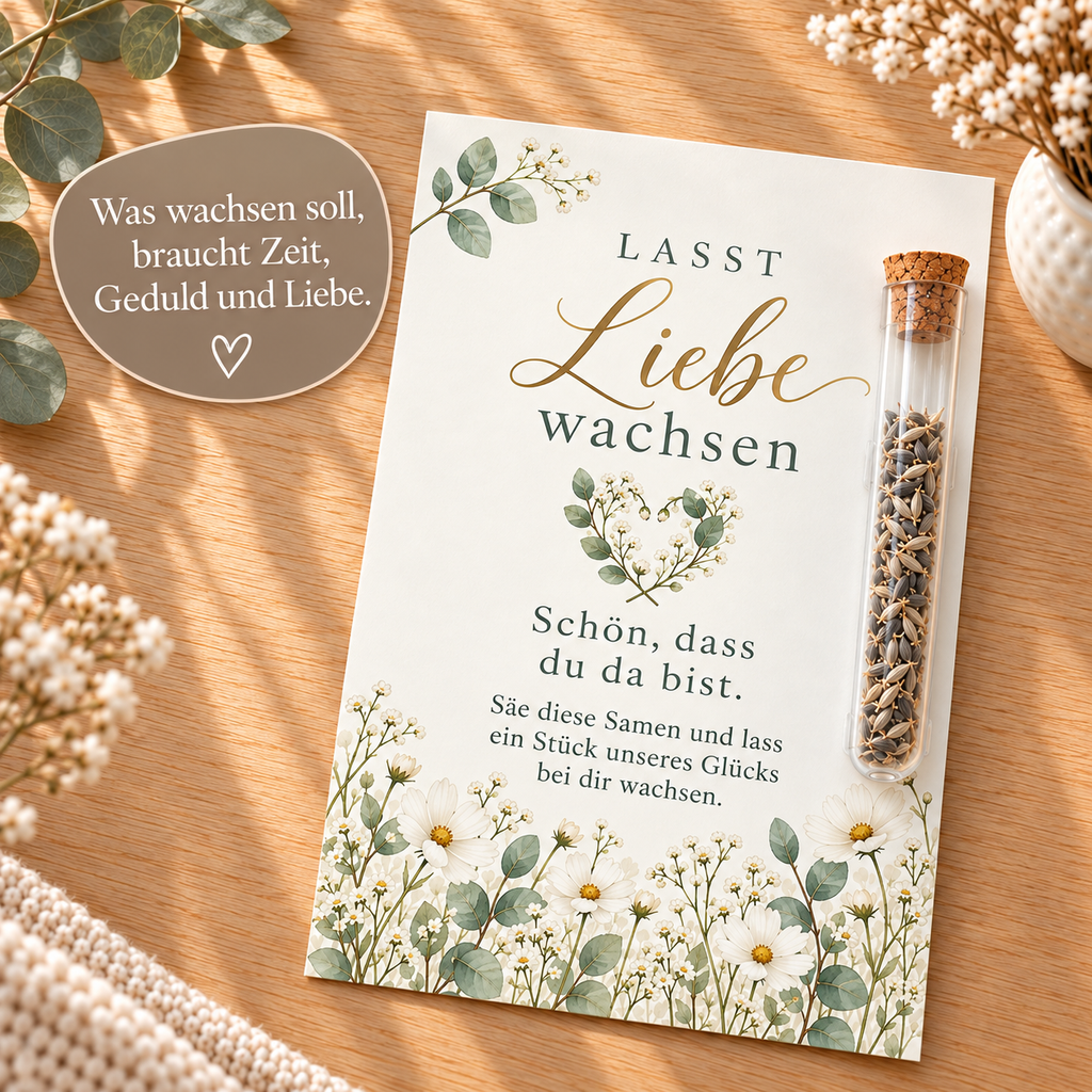 Kornblumensamen als Gastgeschenk zur Hochzeit, Karte mit Eukalyptus
