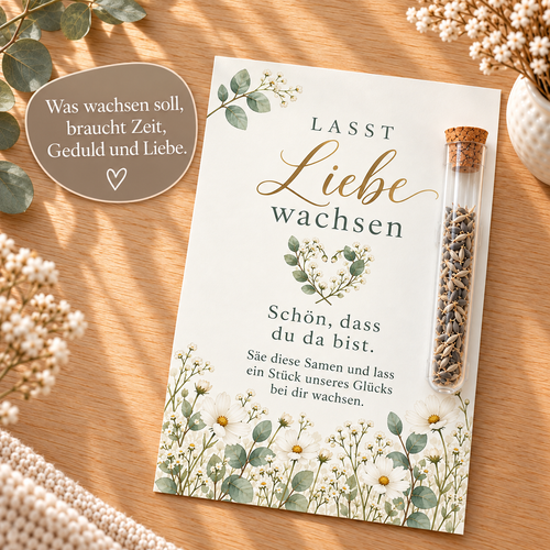 Kornblumensamen als Gastgeschenk zur Hochzeit, Karte mit Eukalyptus