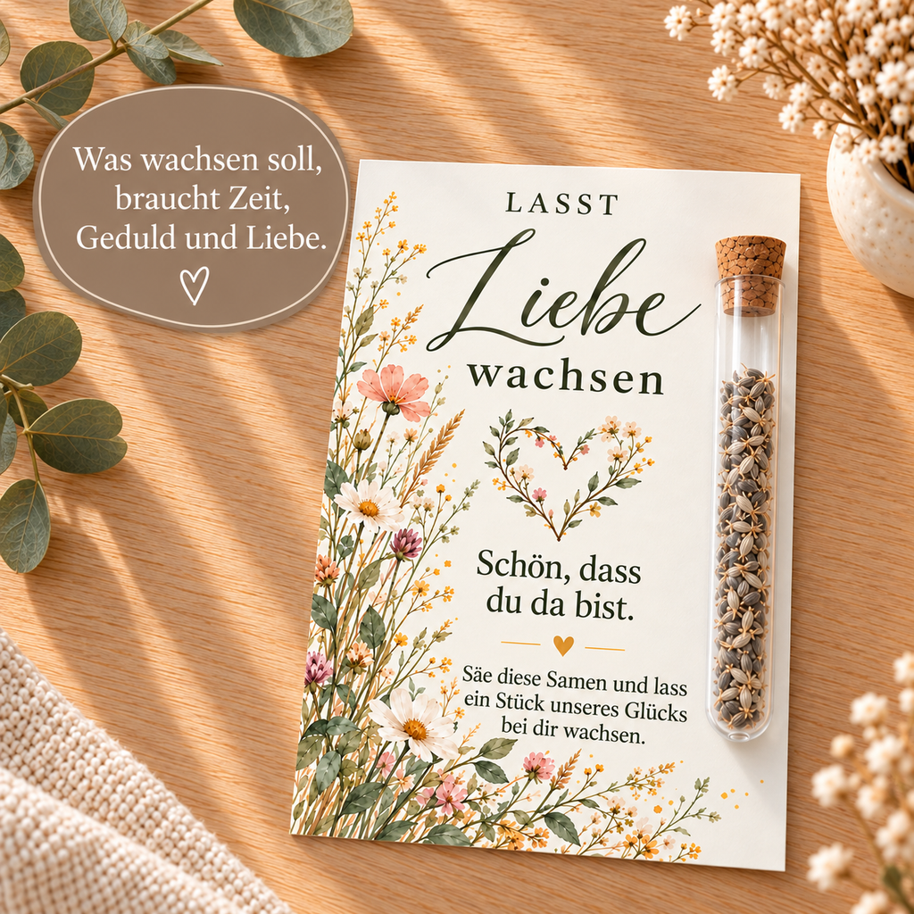 Kornblumensamen als Gastgeschenk zur Hochzeit, Karte mit Wildblumen