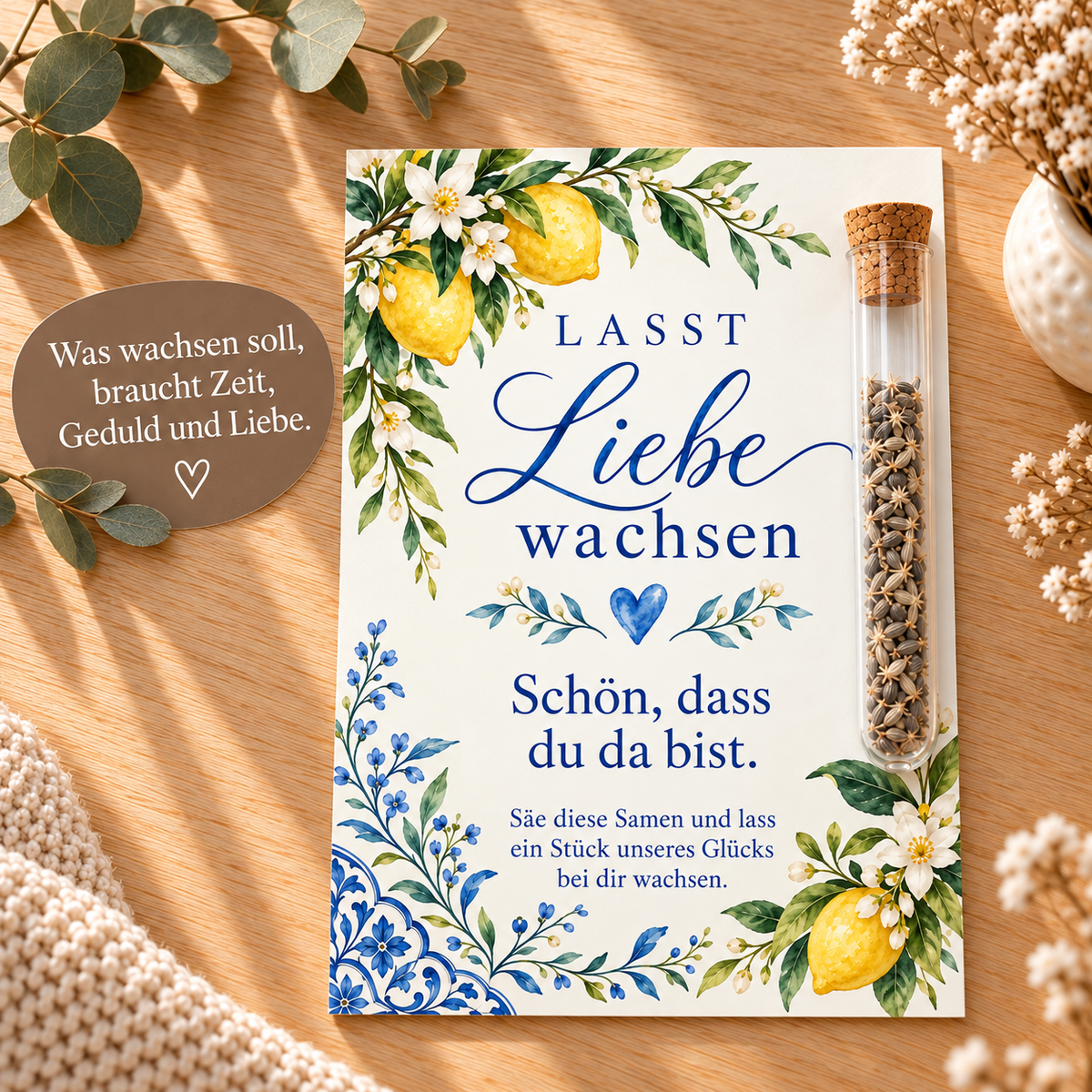 Kornblumensamen als Gastgeschenk zur Hochzeit, Karte mit Zitronen