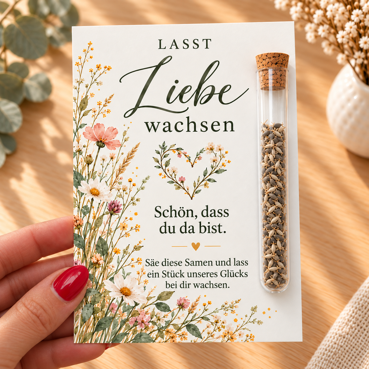 Gastgeschenk zur Hochzeit mit Wildblumen in der Hand