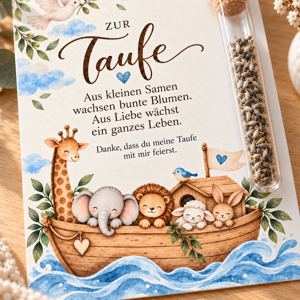 Detail der Karte mit Arche Noah und Spruch Aus kleinen Samen wachsen bunte Blumen