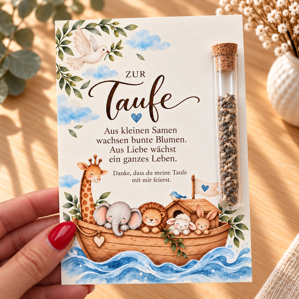 Gastgeschenk zur Taufe mit Arche Noah in der Hand