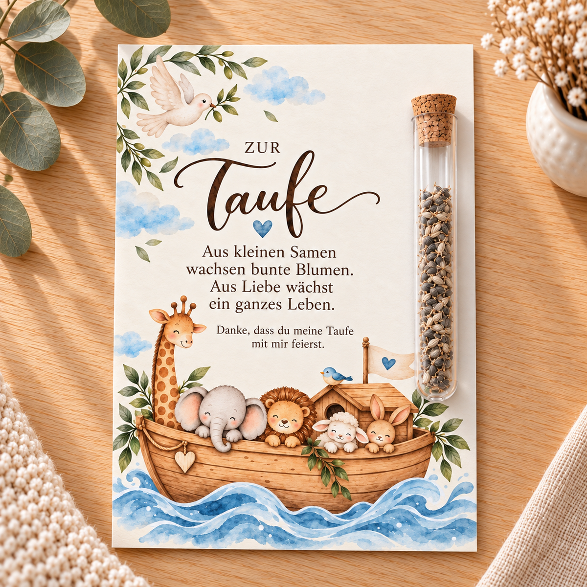 Motiv Arche Noah: Gastgeschenk zur Taufe mit Blumensamen und Glasröhrchen