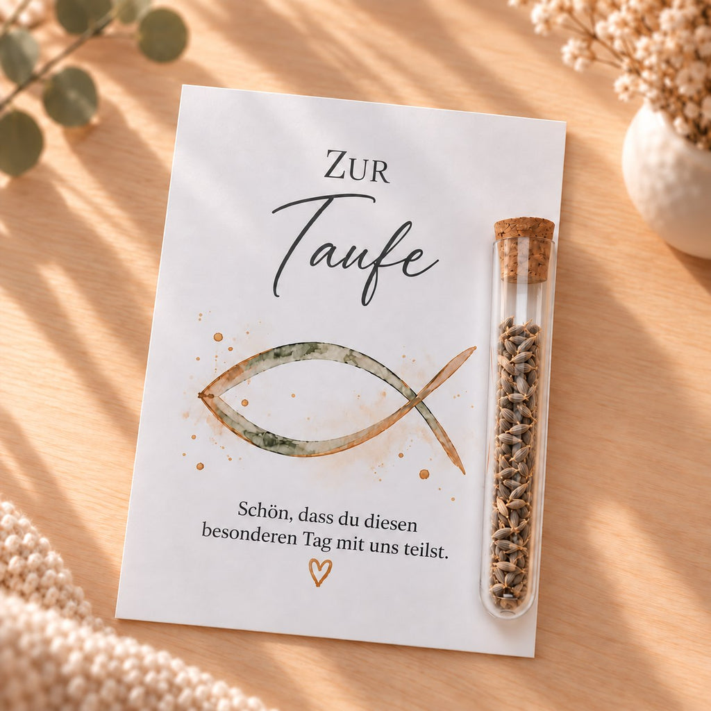 Gastgeschenk zur Taufe mit Blumensamen: Karte mit Fisch und Glasröhrchen