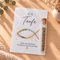Gastgeschenk zur Taufe mit Blumensamen: Karte mit Fisch und Glasröhrchen