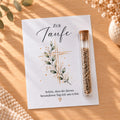 Gastgeschenk zur Taufe mit Blumensamen: Karte mit Kreuz und Glasröhrchen