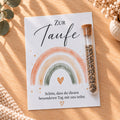 Gastgeschenk zur Taufe mit Blumensamen: Karte mit Regenbogen und Glasröhrchen