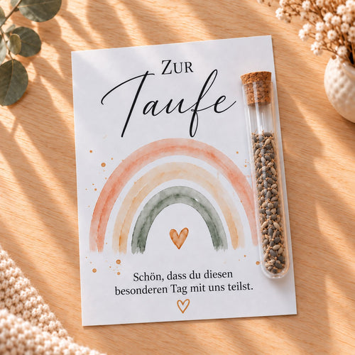 Gastgeschenk zur Taufe mit Blumensamen: Karte mit Regenbogen und Glasröhrchen