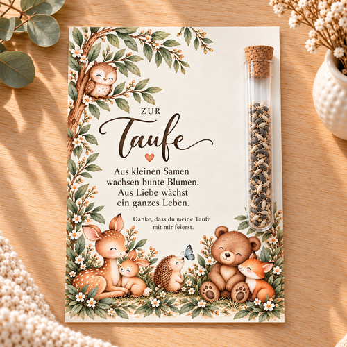 Gastgeschenk zur Taufe mit Blumensamen: Karte mit Waldtieren und Glasröhrchen