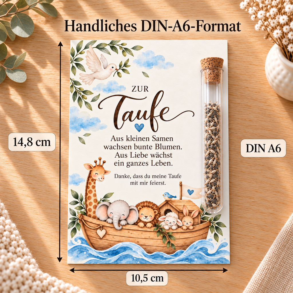 Gastgeschenk Taufe im DIN-A6-Format, 10,5 × 14,8 cm, Motiv Arche Noah