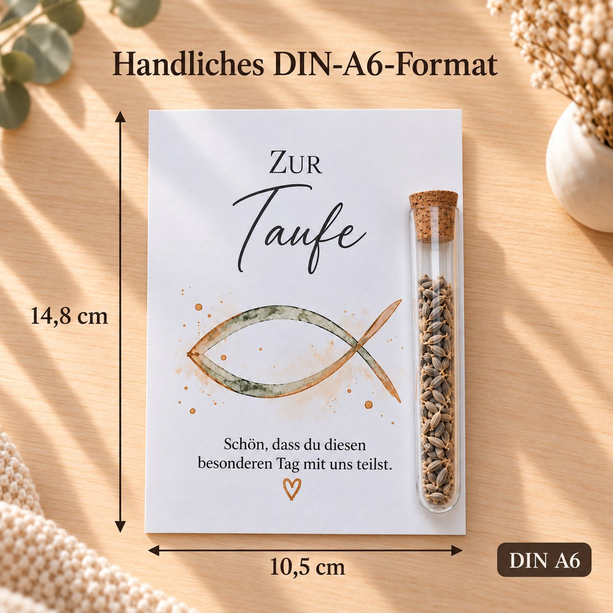 Gastgeschenk Taufe im DIN-A6-Format, 10,5 × 14,8 cm, Motiv Fisch