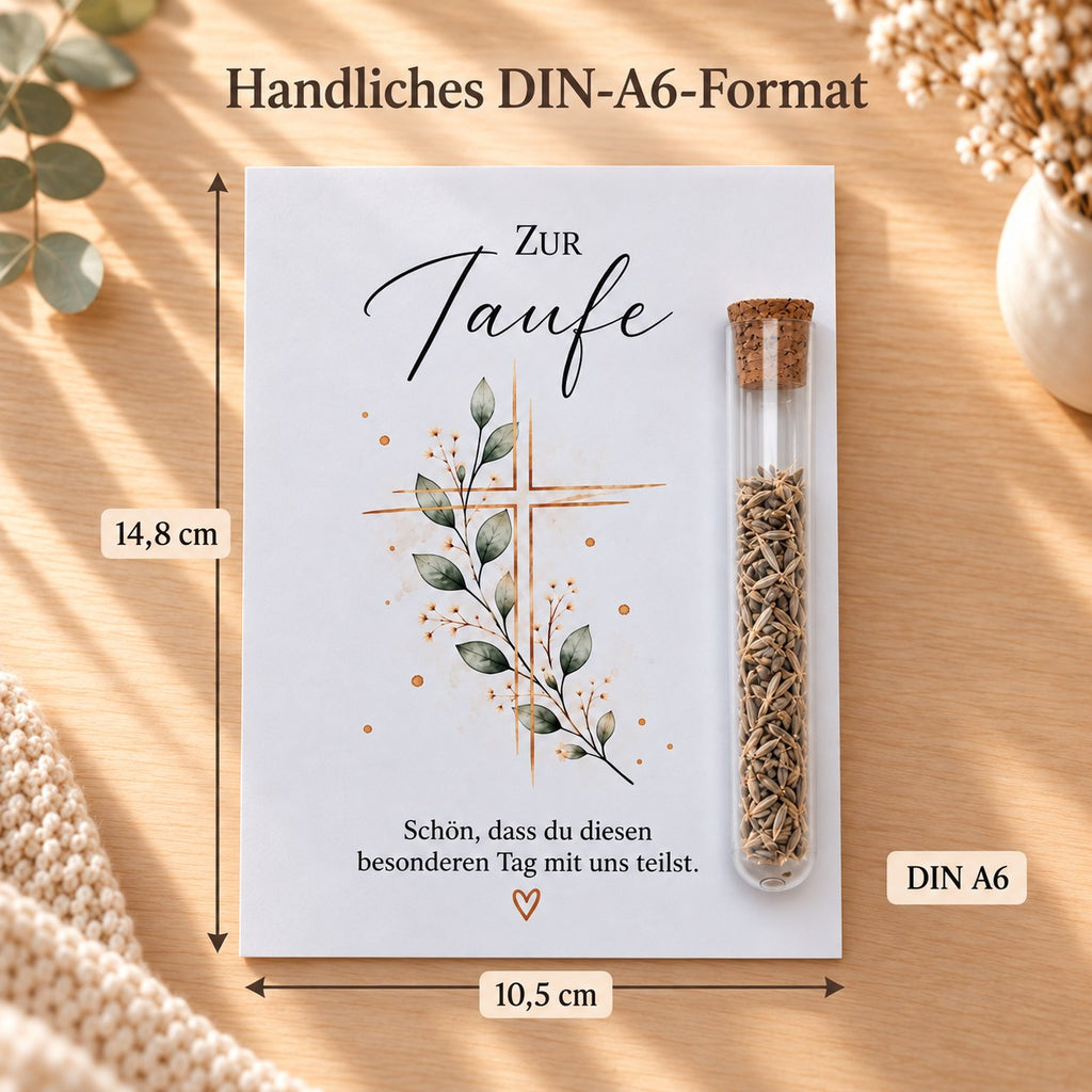 Gastgeschenk Taufe im DIN-A6-Format, 10,5 × 14,8 cm, Motiv Kreuz