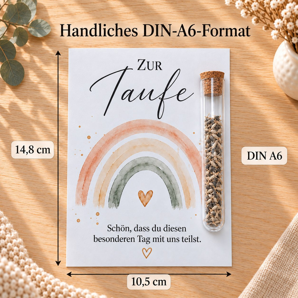 Gastgeschenk Taufe im DIN-A6-Format, 10,5 × 14,8 cm, Motiv Regenbogen