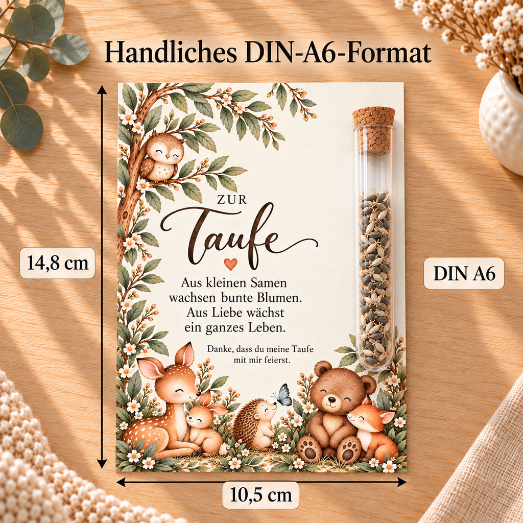 Gastgeschenk Taufe im DIN-A6-Format, 10,5 × 14,8 cm, Motiv Waldtiere