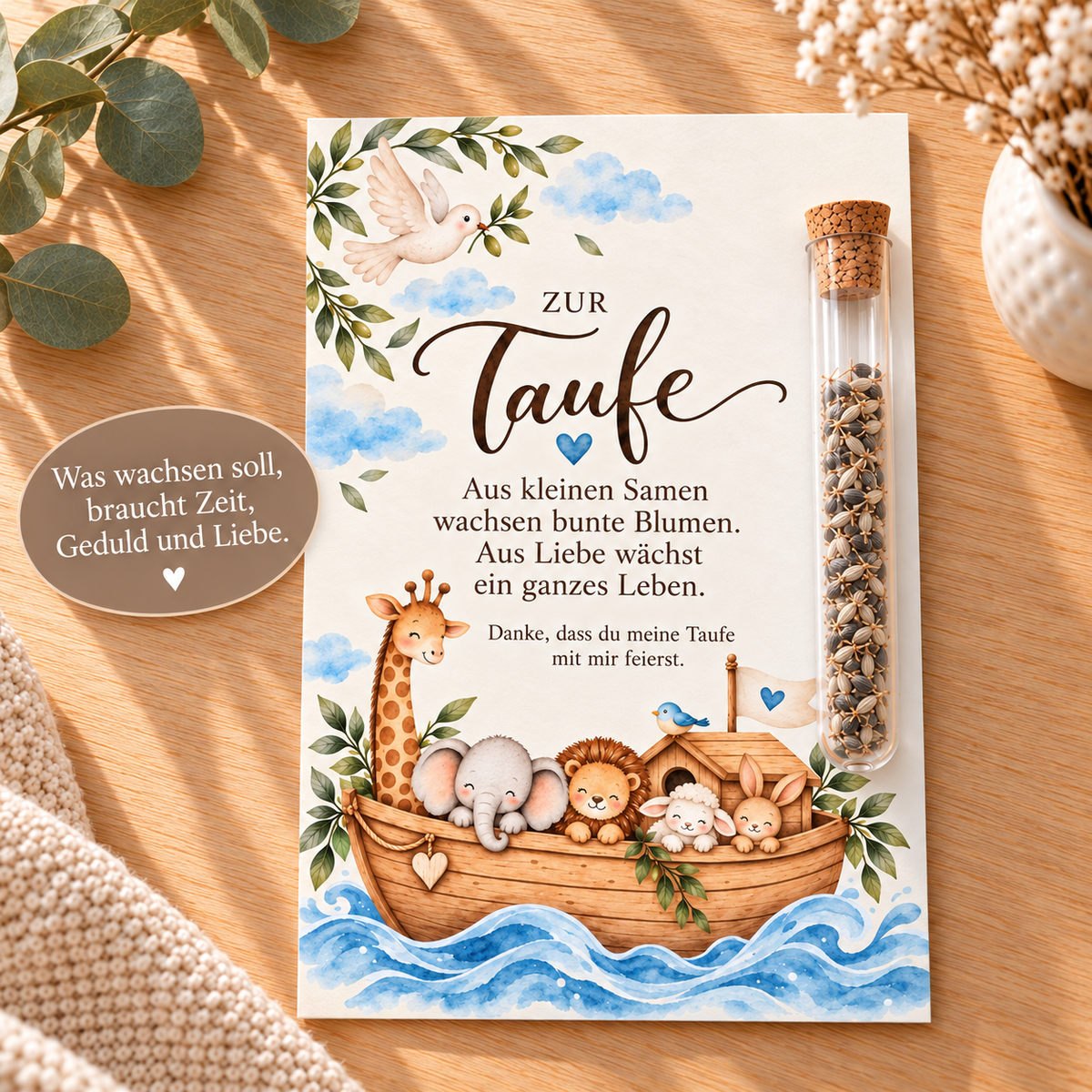 Kornblumensamen als Gastgeschenk zur Taufe, Karte mit Arche Noah