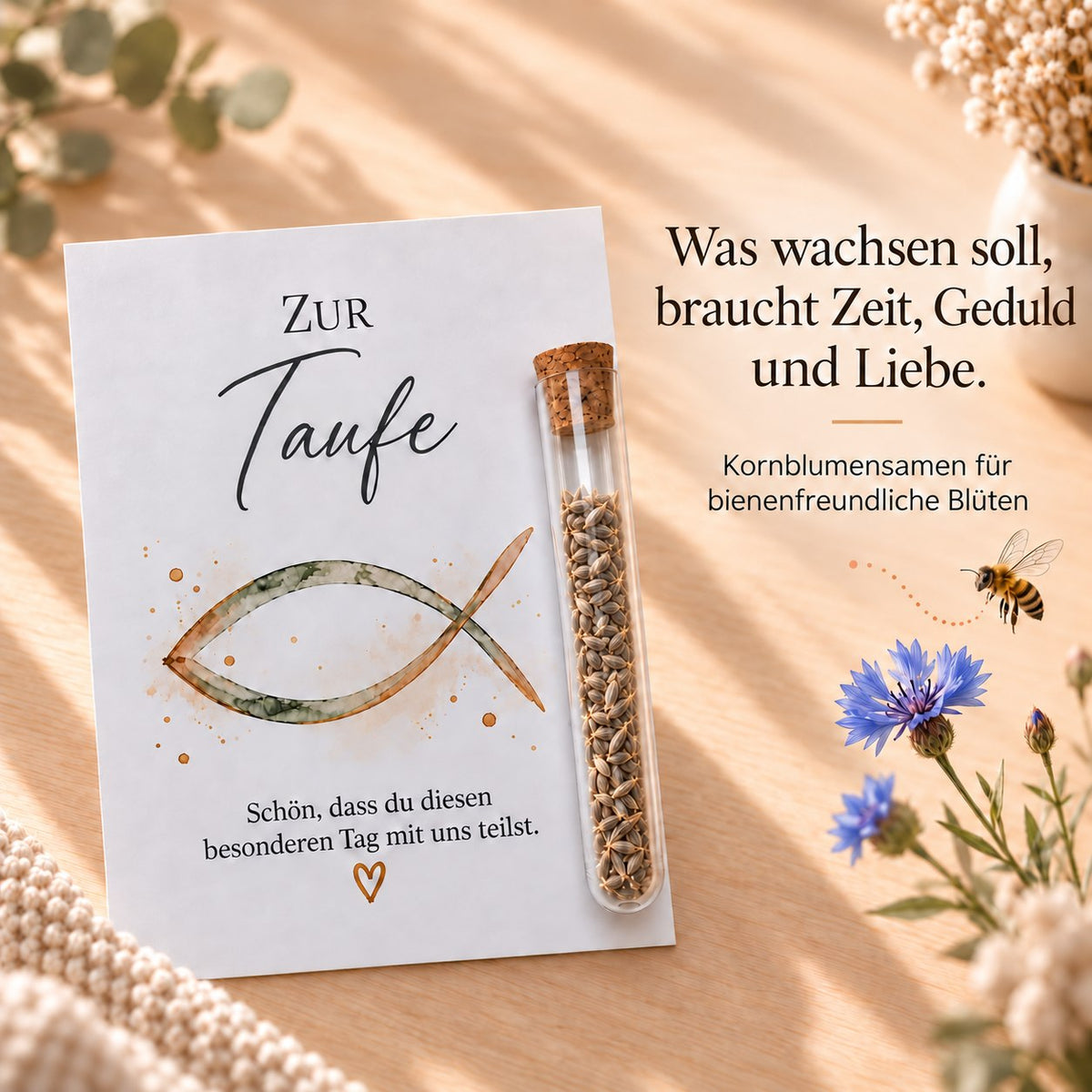 Kornblumensamen als Gastgeschenk zur Taufe, Karte mit Fisch