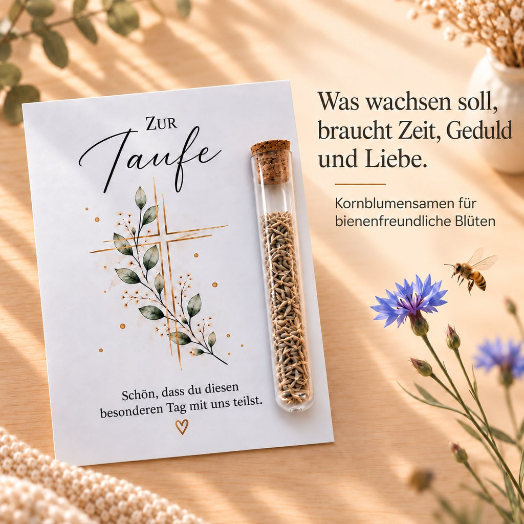 Kornblumensamen als Gastgeschenk zur Taufe, Karte mit Kreuz