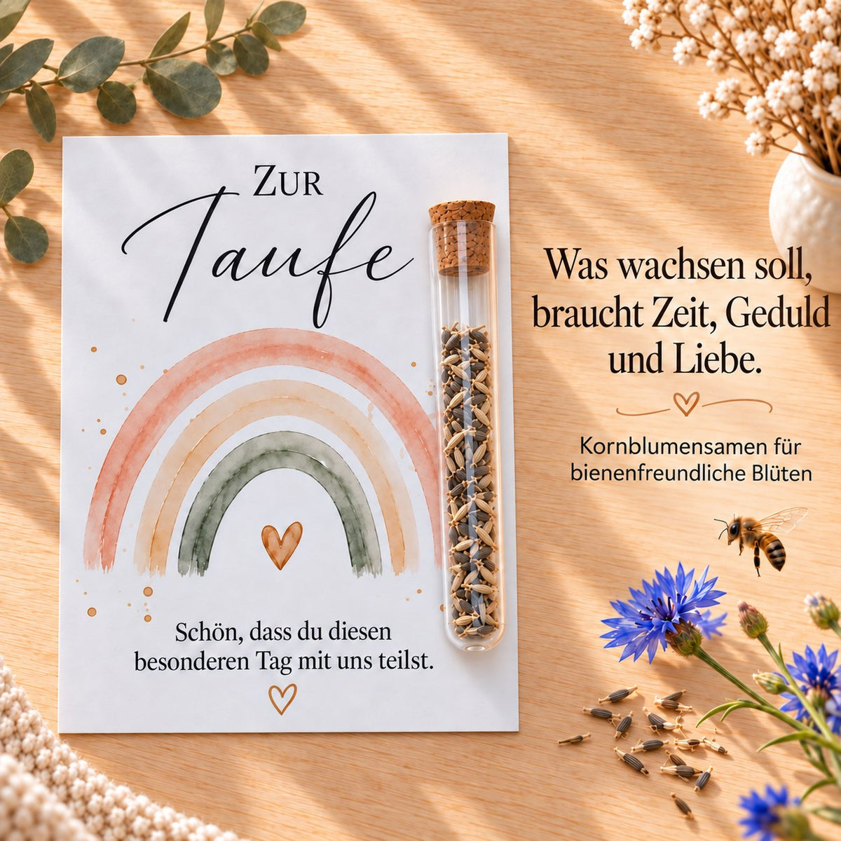 Kornblumensamen als Gastgeschenk zur Taufe, Karte mit Regenbogen
