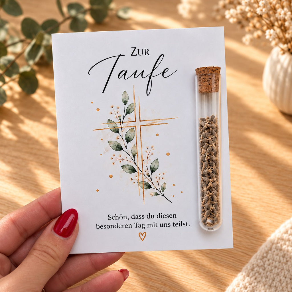 Gastgeschenk zur Taufe mit Kreuz in der Hand