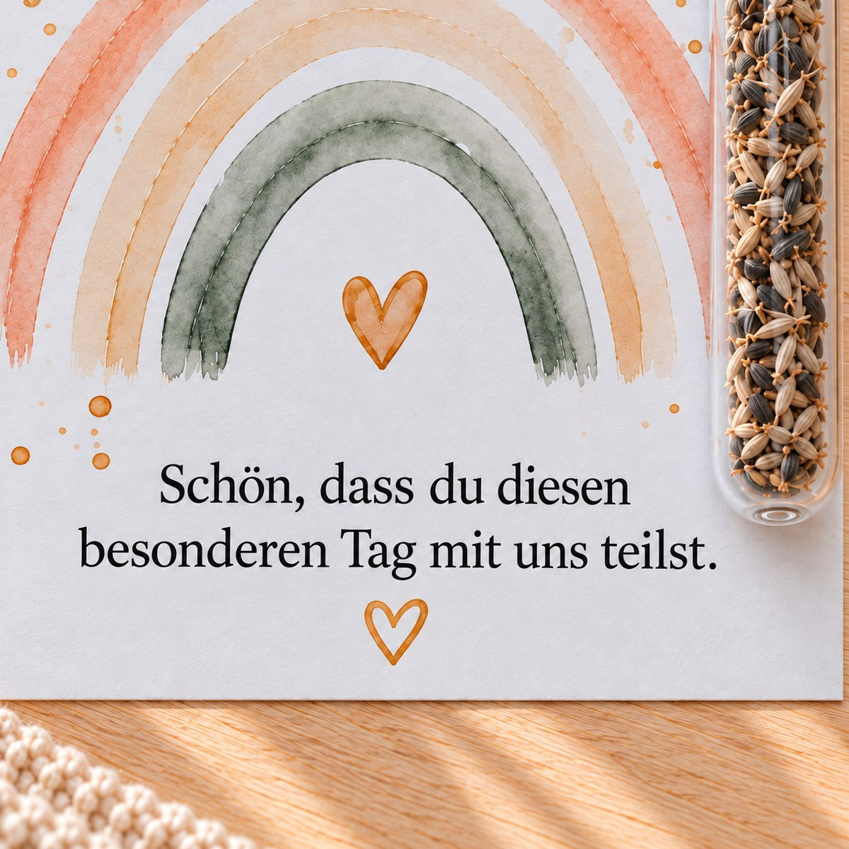 Detail der Karte mit Regenbogen und Spruch Schön, dass du diesen besonderen Tag mit uns teilst