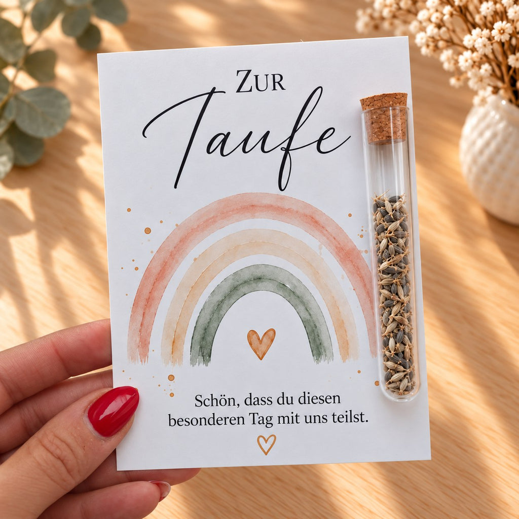 Gastgeschenk zur Taufe mit Regenbogen in der Hand