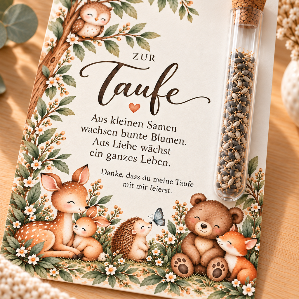 Detail der Karte mit Waldtieren und Spruch Aus kleinen Samen wachsen bunte Blumen