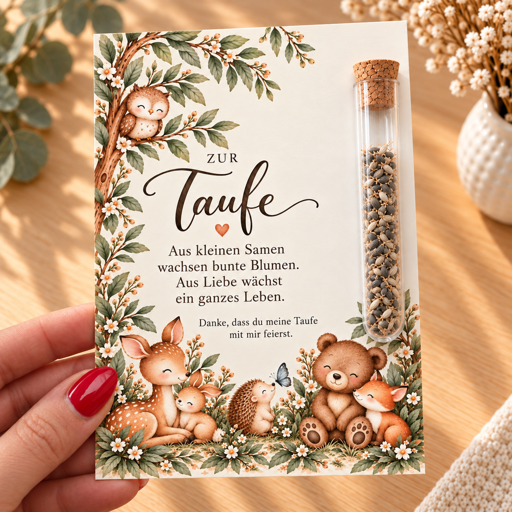 Gastgeschenk zur Taufe mit Waldtieren in der Hand
