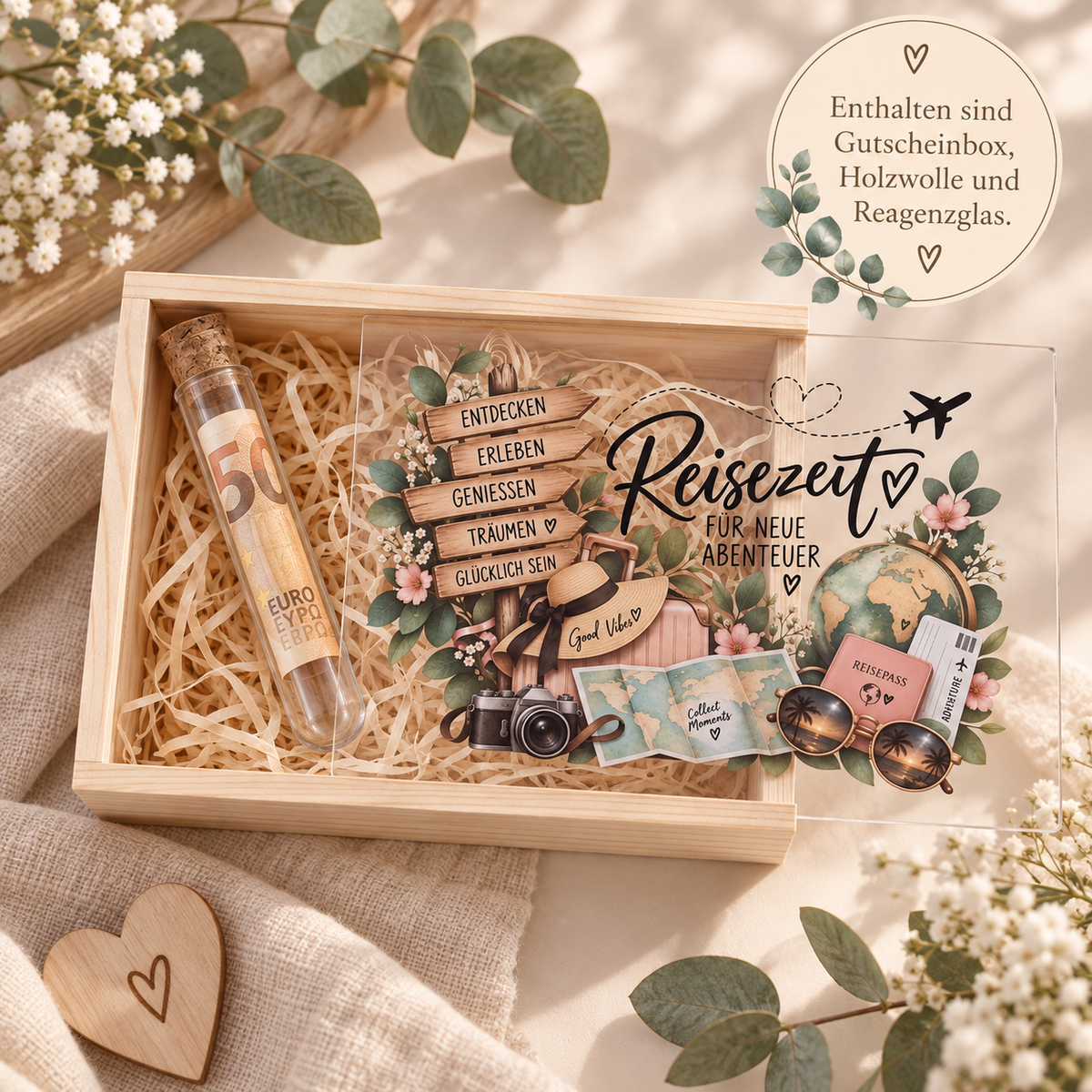 Geschenkbox mit Holzwolle und Reagenzglas für Reisegeld