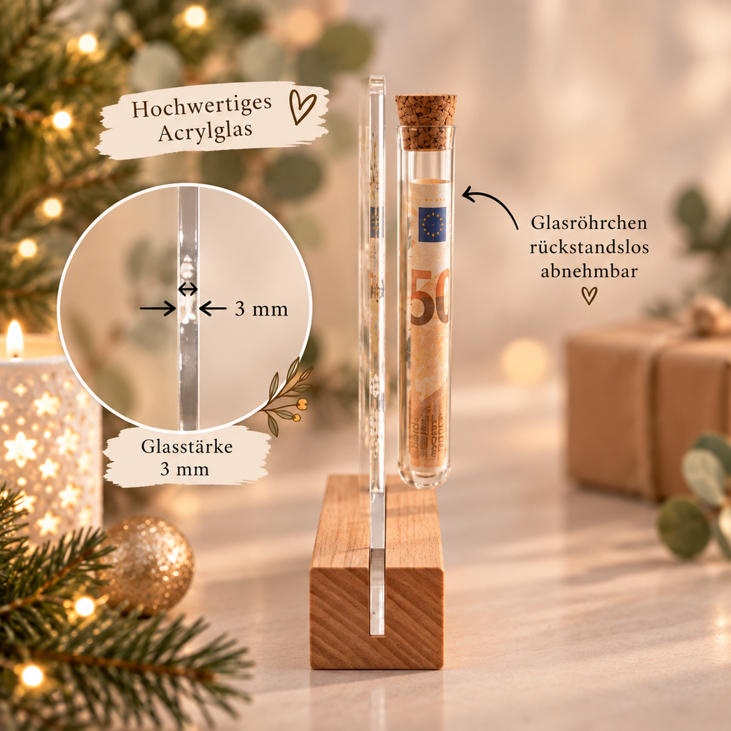 Acryl-Aufsteller Weihnachten mit Geldröhrchen Detail