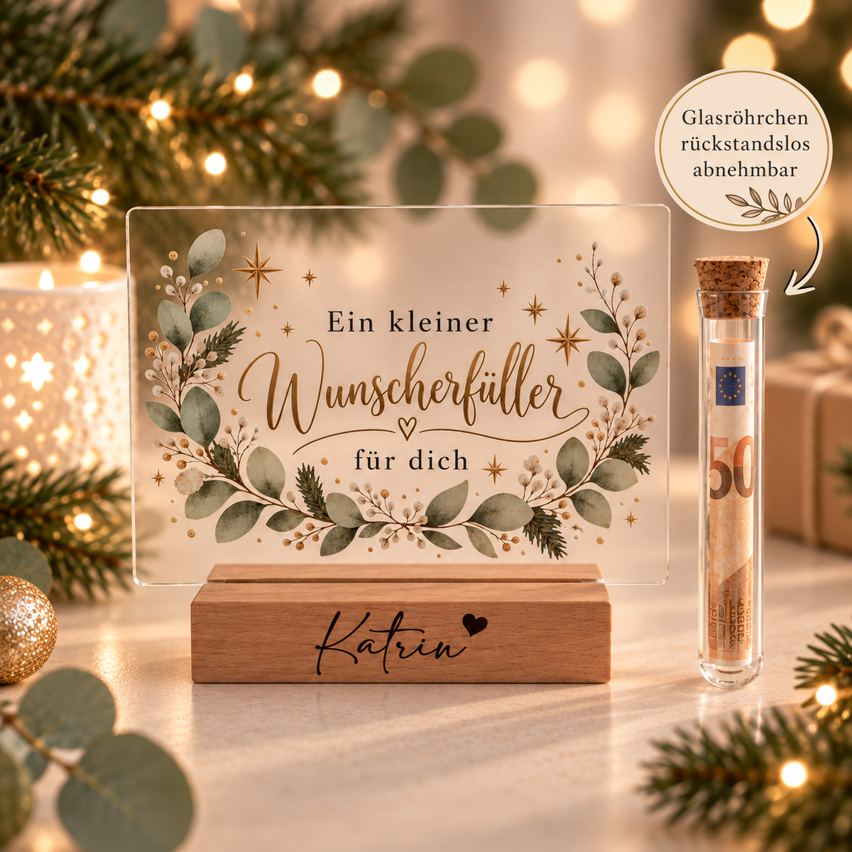 Geldgeschenk für Weihnachten: Wunscherfüller Acryl-Aufsteller mit Glasröhrchen