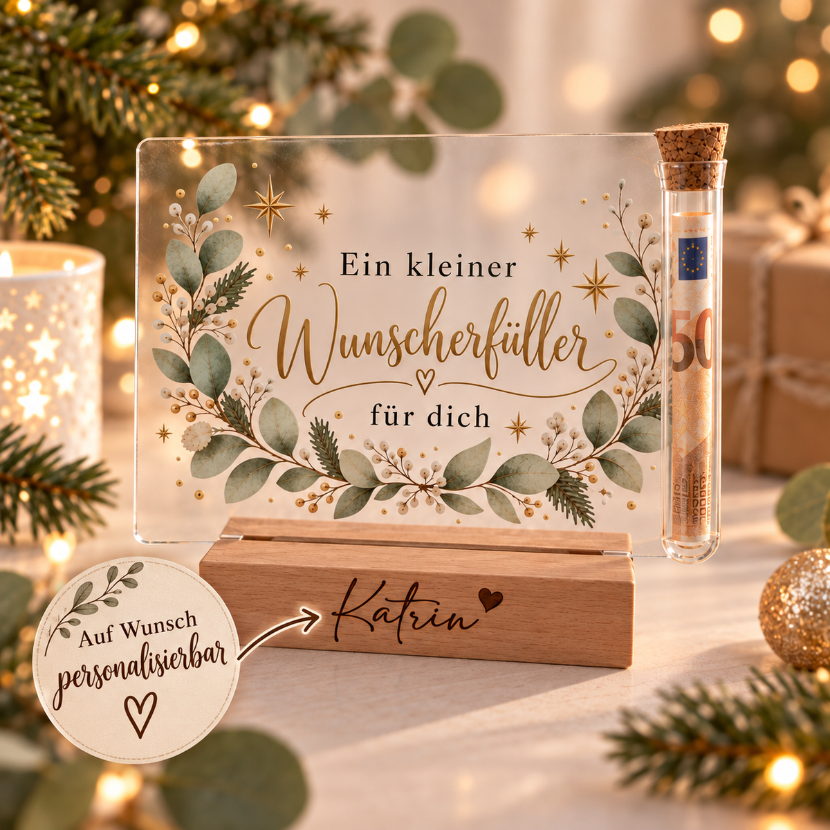Wunscherfüller mit Holzsockel und Namen