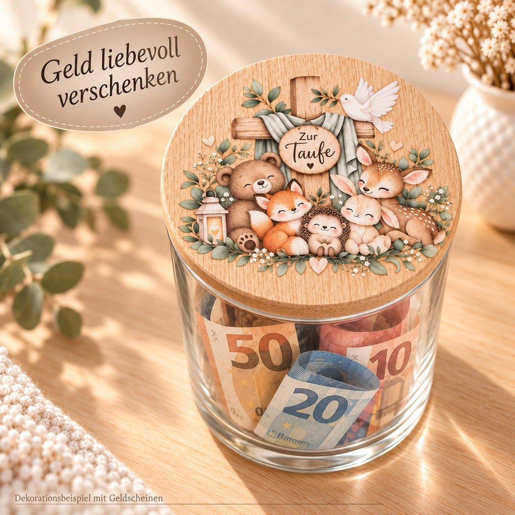 Geld im Glas verschenken: Geldgeschenk zur Taufe mit Waldtieren