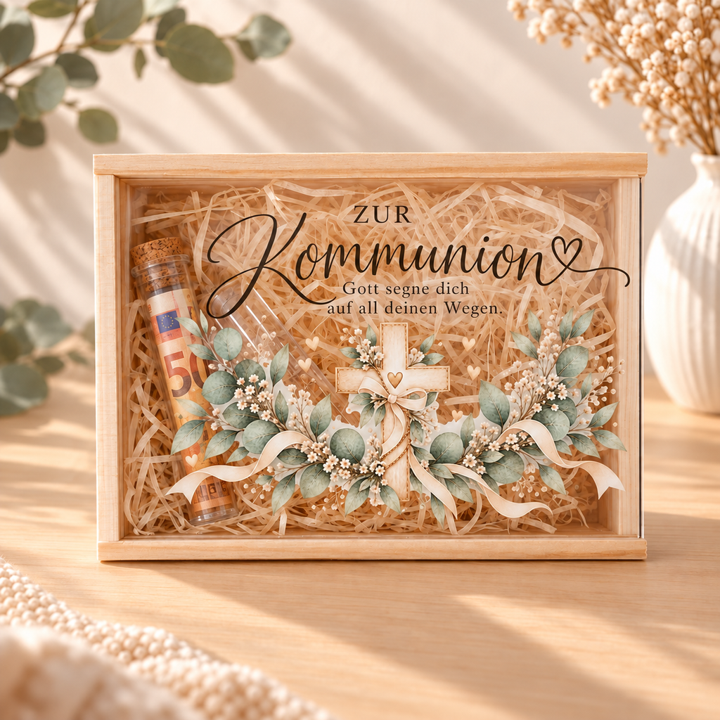 Geldgeschenk zur Kommunion in Holzbox mit Kreuz, Eukalyptus und Glasröhrchen