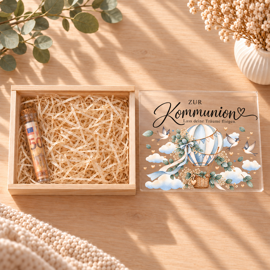 Geldgeschenk zur Kommunion verpacken: geöffnete Holzbox mit Glasröhrchen und Holzwolle