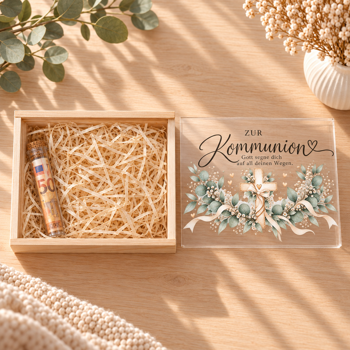 Geldgeschenk zur Kommunion verpacken: geöffnete Holzbox mit Glasröhrchen und Holzwolle