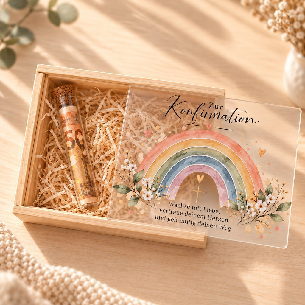 Geldgeschenk zur Konfirmation: Holzbox mit aufgeschobenem Regenbogen Deckel und Glasröhrchen
