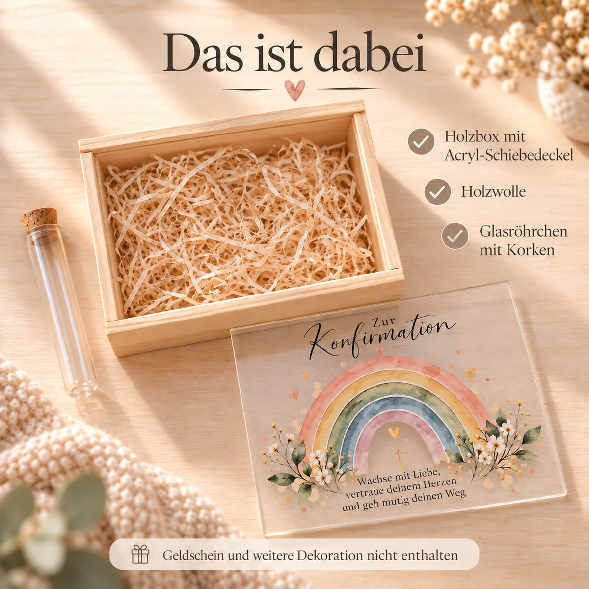 Lieferumfang: Holzbox, Acryl Schiebedeckel, Holzwolle und Glasröhrchen mit Korken