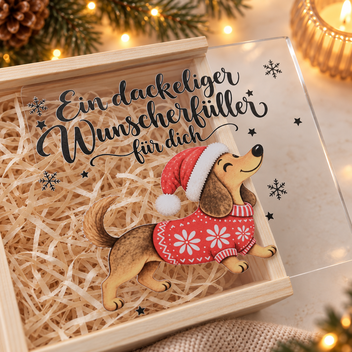 Dackel Holzbox zu Weihnachten mit Glasröhrchen für Geld