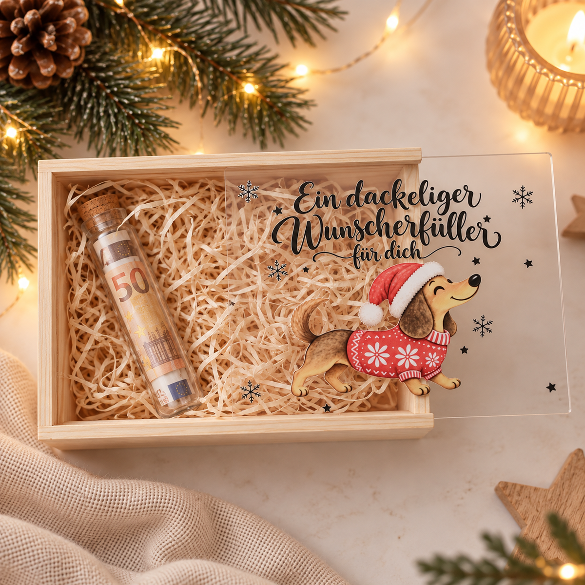 Geldgeschenk Weihnachten für Dackelfans: Holzbox mit Dackel-Schiebedeckel und Glasröhrchen