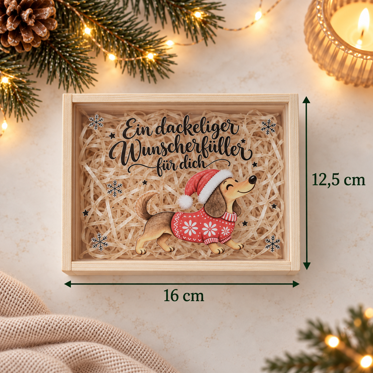 Weihnachtliche Holzbox mit Dackelmotiv als Geschenkverpackung