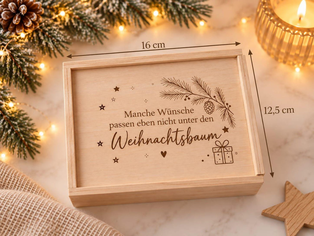 Maße der Holzkiste für Geldgeschenke: 16 cm breit und 12,5 cm tief